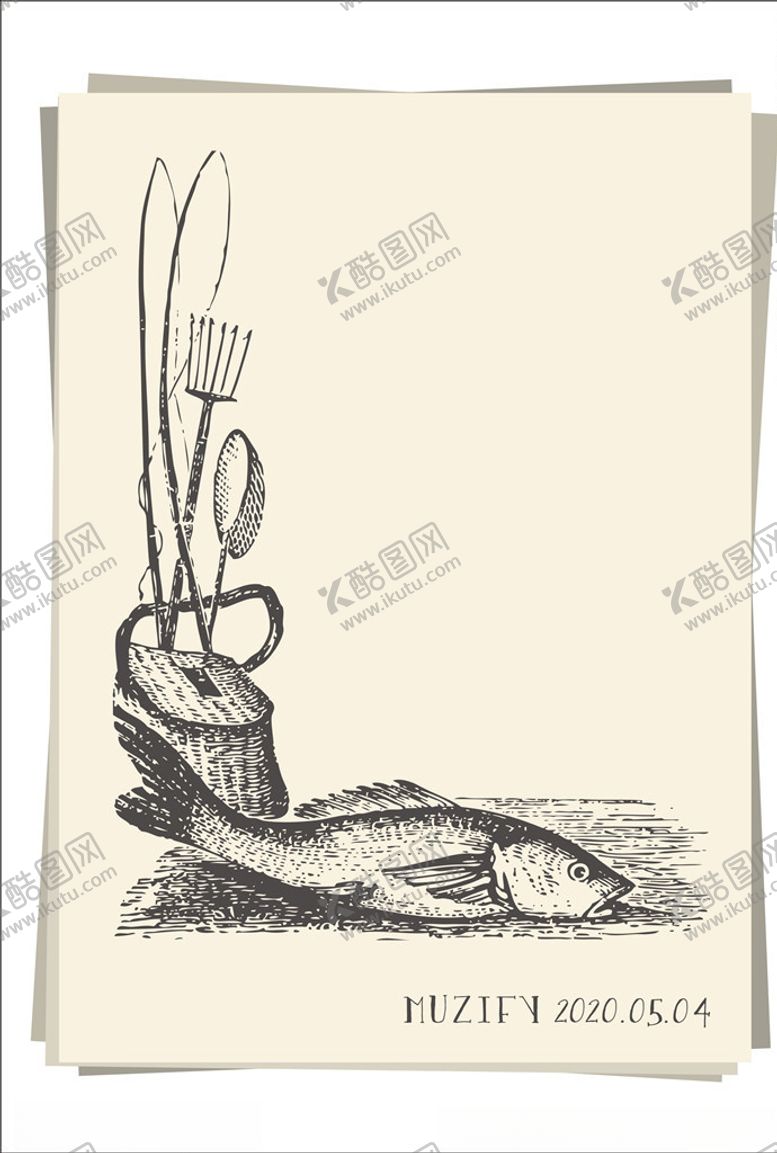 编号：74817306161917338663【酷图网】源文件下载-垂钓工具与鱼素描画