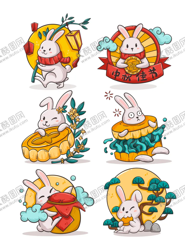 编号：67046106292224428445【酷图网】源文件下载-中秋玉兔插画图案集合