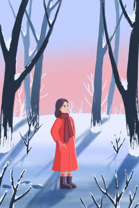 手绘立冬天冬季树林雪景女孩插画