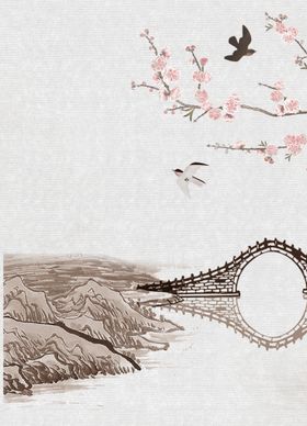 手绘古风插画背景图片素材水墨山水大气