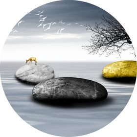 水墨湖畔鹅卵石风景画圆形挂画