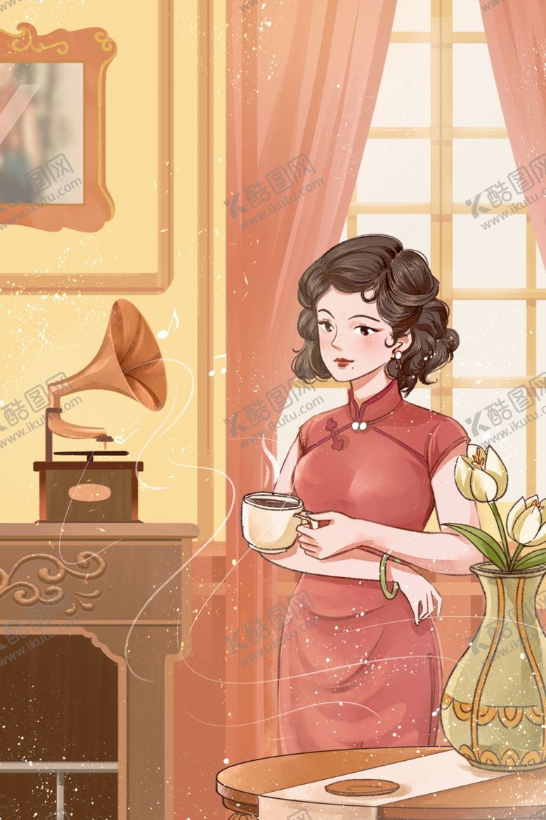 编号：17885304090115344494【酷图网】源文件下载-老上海旗袍美女手拿茶杯手绘插画
