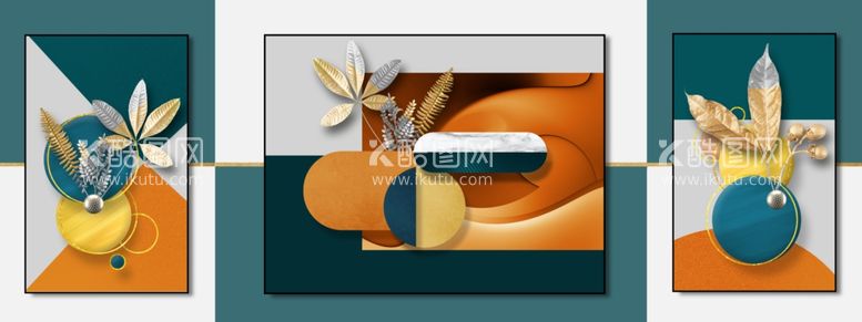 编号：51266712061233484380【酷图网】源文件下载-几何艺术树叶三联无框画