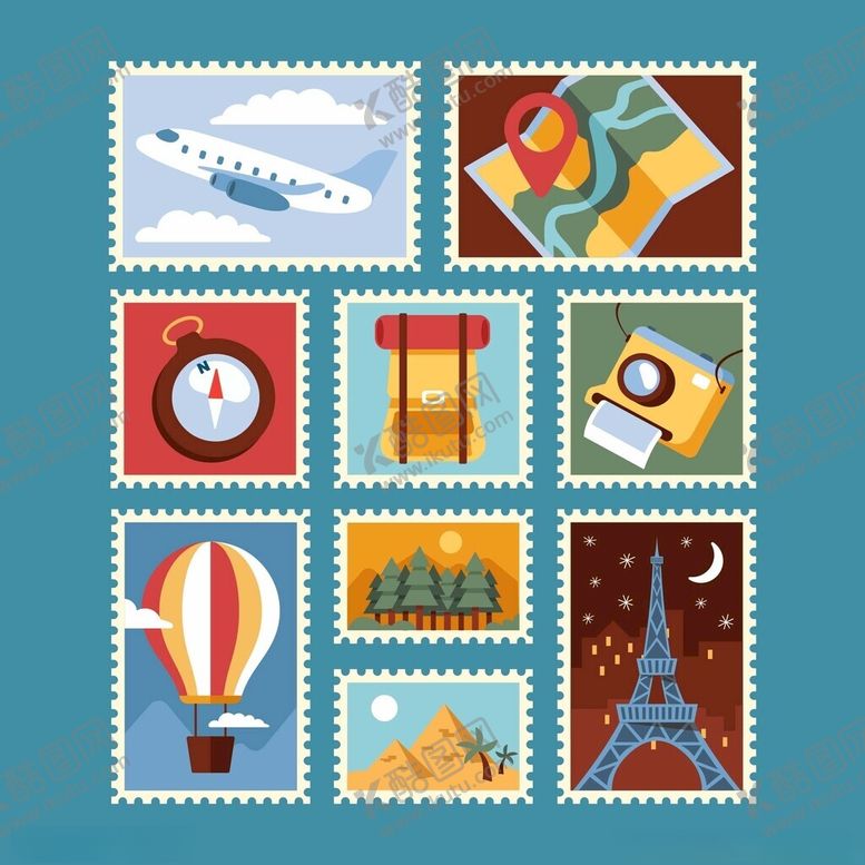 编号：33076711171448242882【酷图网】源文件下载-旅行主题邮票图案集合