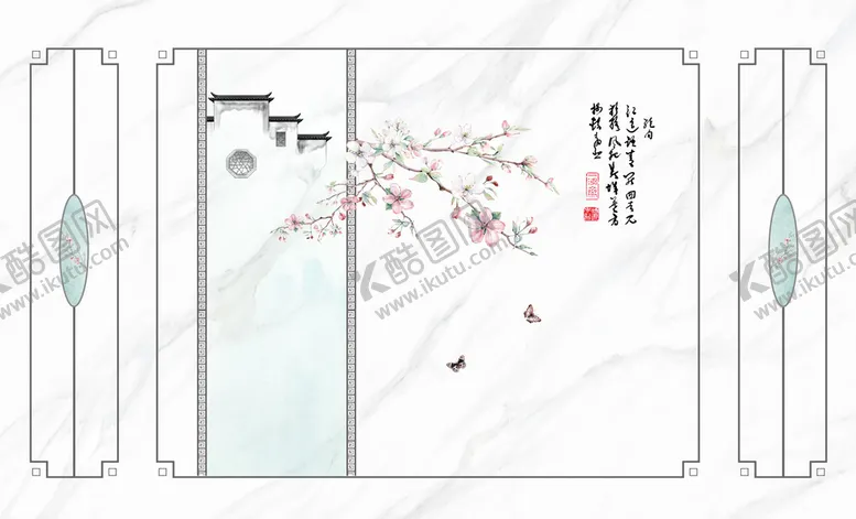 编号：14728909122113300428【酷图网】源文件下载-花鸟画梅花马头墙造型背景墙