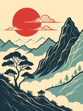 中式山水红日意境插画