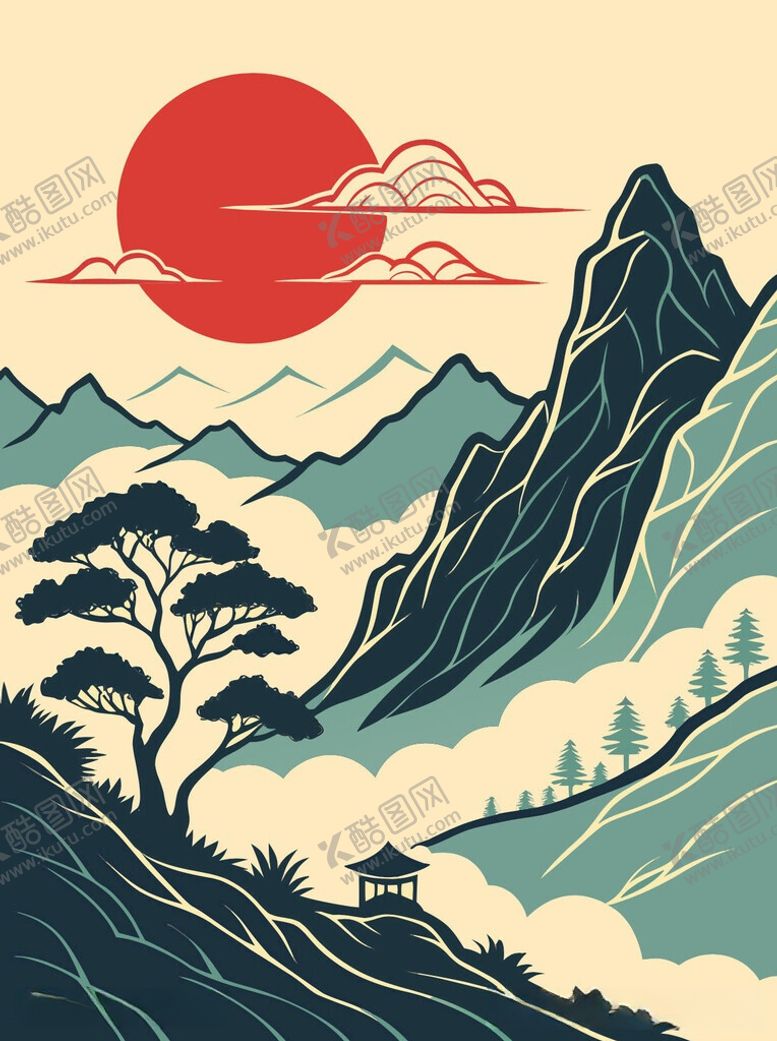 编号：74746305250541513185【酷图网】源文件下载-中式山水红日意境插画