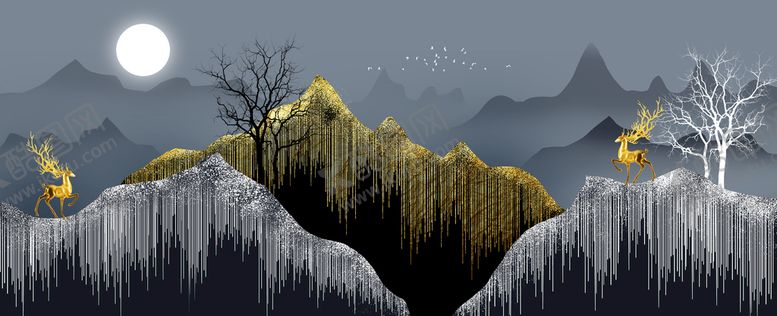 编号：74368109141926275103【酷图网】源文件下载-线条金色麋鹿意境山水装饰画