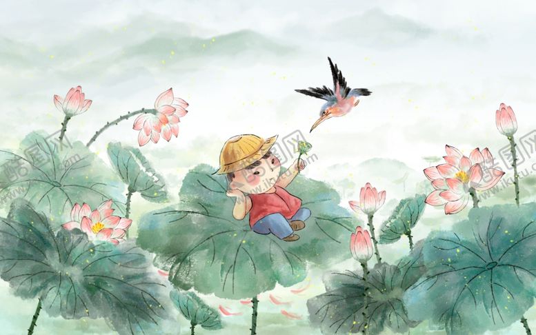 编号：32979509230609321158【酷图网】源文件下载-荷叶夏季人物插画卡通背景素材