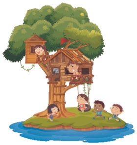 卡通儿童和树屋