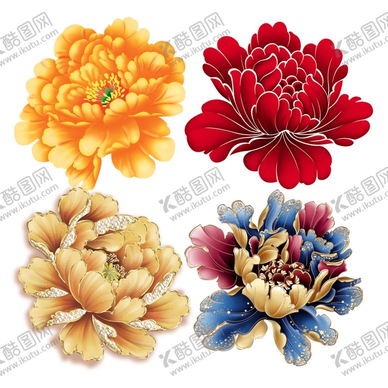 编号：30288210210609174951【酷图网】源文件下载-国画牡丹花红花金色花