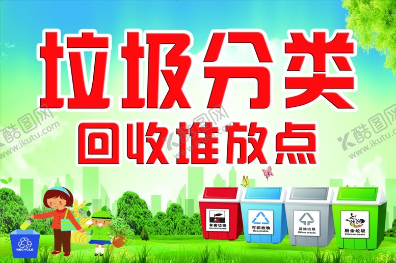 垃圾分类卡通人物宣传绿色背景箱