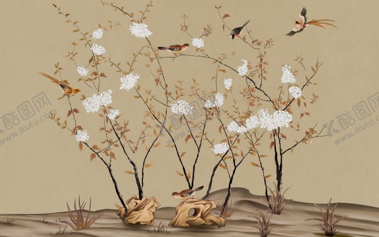 编号：12605806241537395684【酷图网】源文件下载-花鸟画飞鸟背景墙