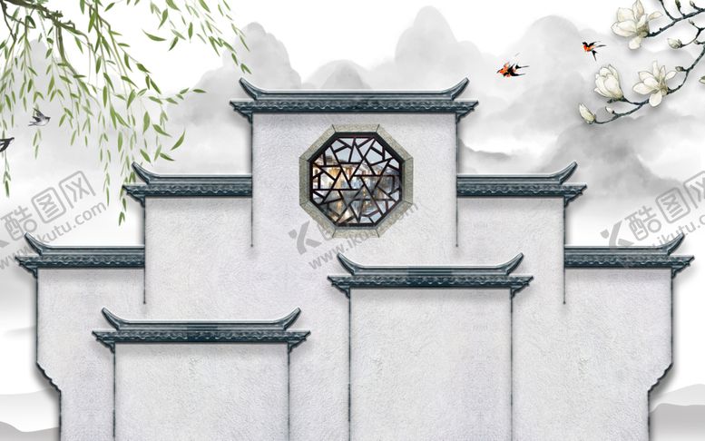 编号：39615510042246067806【酷图网】源文件下载-手绘花鸟徽派江南