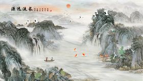 源远长流小船鹿瀑布背景墙
