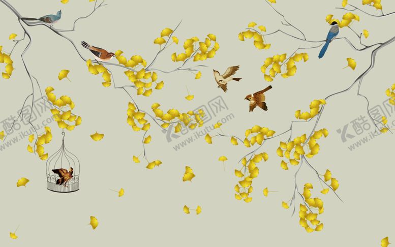 编号：62326209281623046370【酷图网】源文件下载-工笔花鸟背景墙装饰画