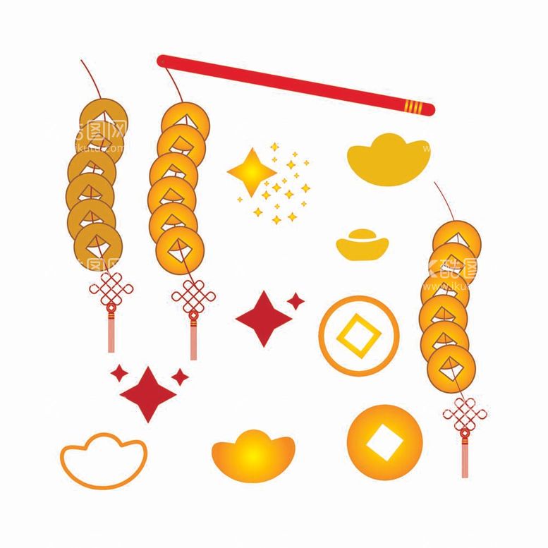 编号：95259911300332436677【酷图网】源文件下载-金币铜钱元宝灯笼中国结新年元素