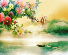 假山牡丹花背景墙复古装饰画