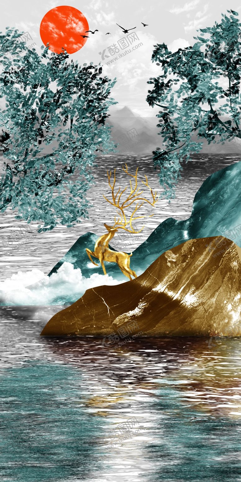 编号：93197609231846542682【酷图网】源文件下载-新中式麋鹿装饰画