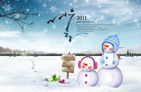 可爱唯美雪人蓝色清新雪天场景