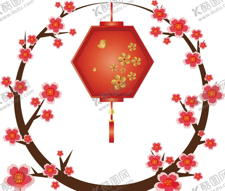 编号：28577206241529422571【酷图网】源文件下载-中国风水墨树枝桃花灯笼传统复古