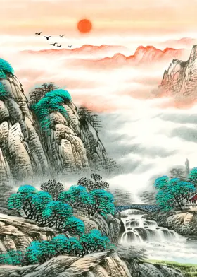 水墨山水画沙发背景墙装饰日出