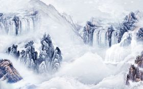 水墨山水太阳瀑布背景墙