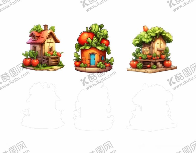 编号：74855302200552384296【酷图网】源文件下载-舞台道具花草蔬菜房子