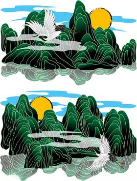 山水墨韵飞鸟伴日图