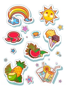 夏日元素鲜艳彩色贴纸矢量素材