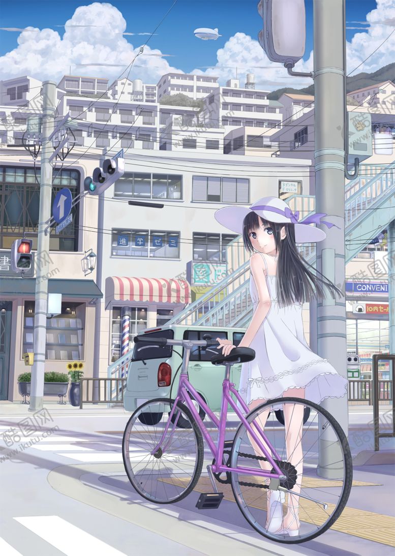 日本城市小清新插画风景街景少女梦幻风景