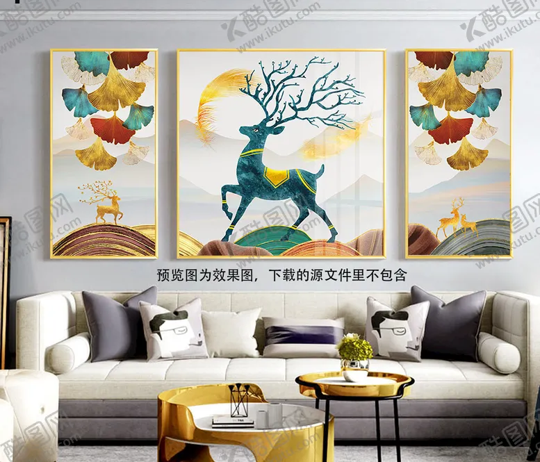 编号：91534810101732218025【酷图网】源文件下载-水彩麋鹿树叶高清三联挂画装饰画