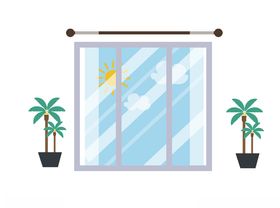 手绘窗外蓝天白云盆景插画元素