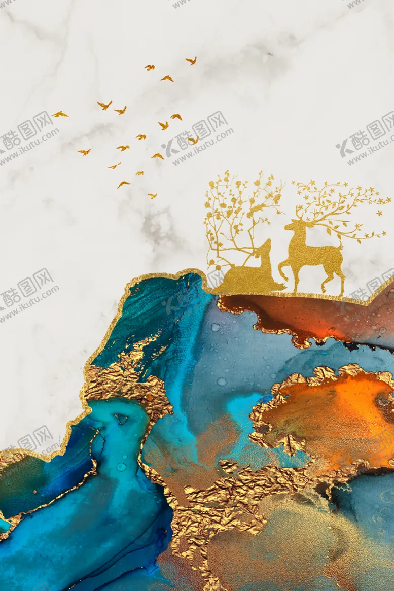编号：17863509271817119834【酷图网】源文件下载-抽象金色麋鹿山水装饰画