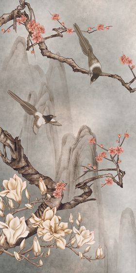 花鸟工笔画抽象山水中式背景挂