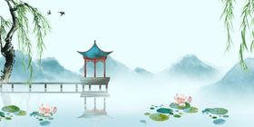 凉亭古风壁画墙画背景素材