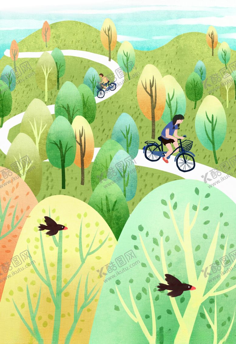 编号：55677909231052149661【酷图网】源文件下载-林间骑车女孩插画