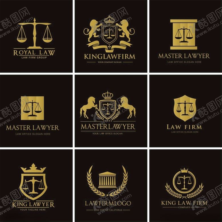 编号：45032609230615087996【酷图网】源文件下载-法律相关金色标志集合