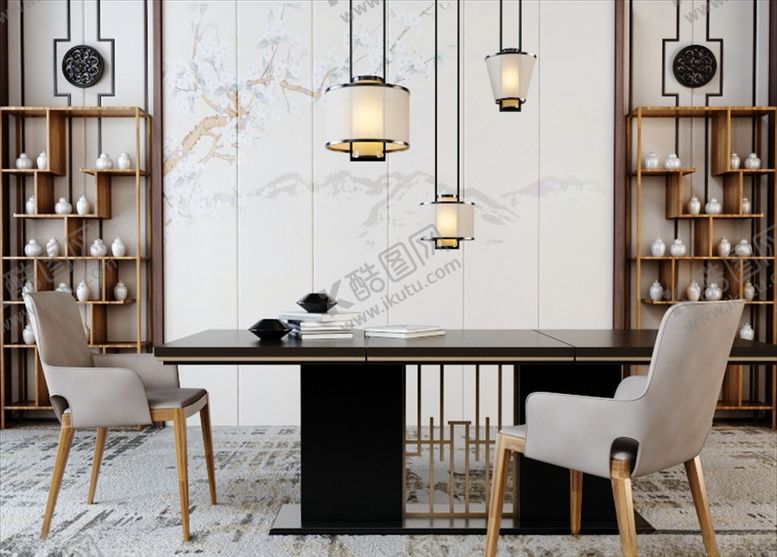 编号：78006210300207341080【酷图网】源文件下载-新中式餐桌椅组合博古架3d模型