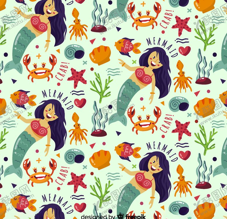 编号：47889009221957296069【酷图网】源文件下载-彩色美人鱼无缝背景