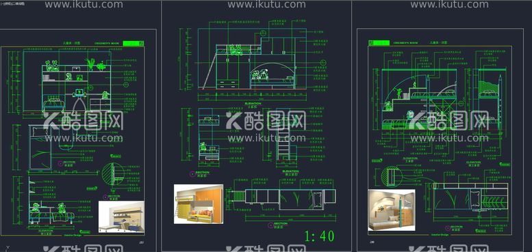 编号：77805010260405046100【酷图网】源文件下载-cad儿童床设计 侧面剖面立面