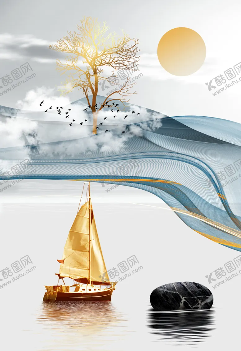 编号：92038110080710108739【酷图网】源文件下载-湖泊金色帆船高清挂画装饰画