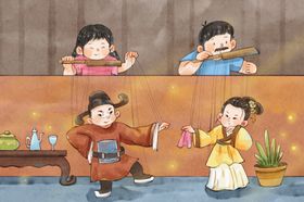 木偶戏水彩插画