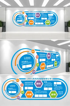 企业文化墙蓝色背景公司标语发展历程