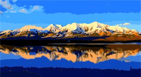 雪山蓝天深湖矢量版油画