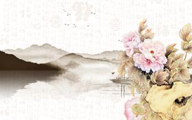 牡丹花手绘背景墙壁画背景墙中国风背景素材