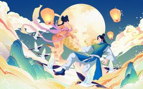 七夕情侣国风插画卡通背景素材