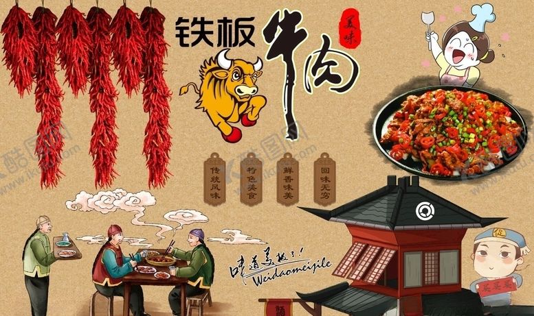 编号：81114707130743291595【酷图网】源文件下载-铁板牛肉背景墙PSD模板下载