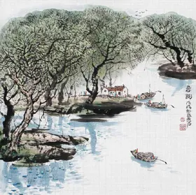 中式山水画简约毛笔柳树