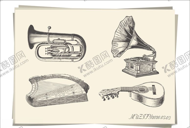 编号：55895410290227486936【酷图网】源文件下载-4款入吹奏乐器与弦乐器手绘稿